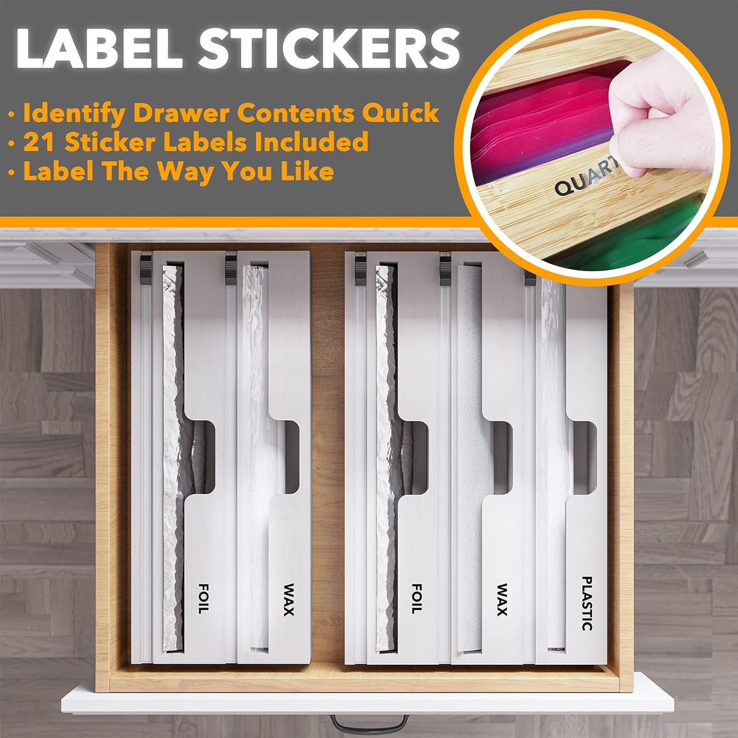 Wrap Organizer with Cutter and Labels, Plastic Wrap, Aluminum Foil and Wax Bamboo Dispenser, Storage Organization Holder -2 in 1 (12 Wrap Organizer with Cutter and Labels, Plastic Wrap, Aluminum Foil and Wax Bamboo Dispenser, Storage Organization Holder -2 in 1 (12